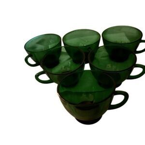 Anchor Hocking Vintage Green Glass Punch Bowl Glasses In Box